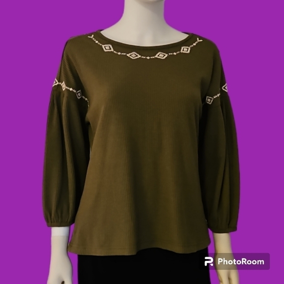 CRUEL DENIM Olive Green Western Aztec Embroidered Waffle Ribbed Blouse - Picture 1 of 9